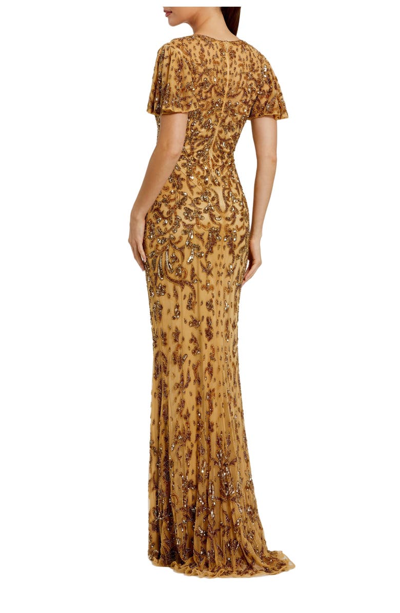 Mac Duggal Women's Embellished High Neck Flutter Sleeve Gown, Alternate, color, Nude Gold