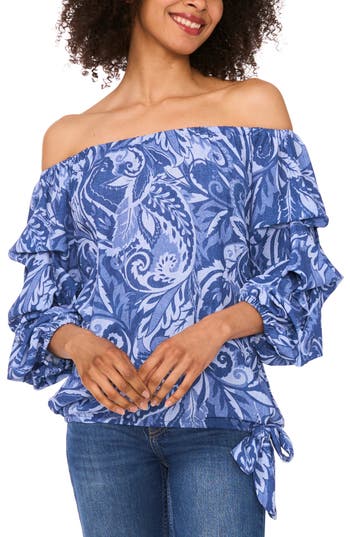 Cece Off The Shoulder Lantern Sleeve Top In Blue