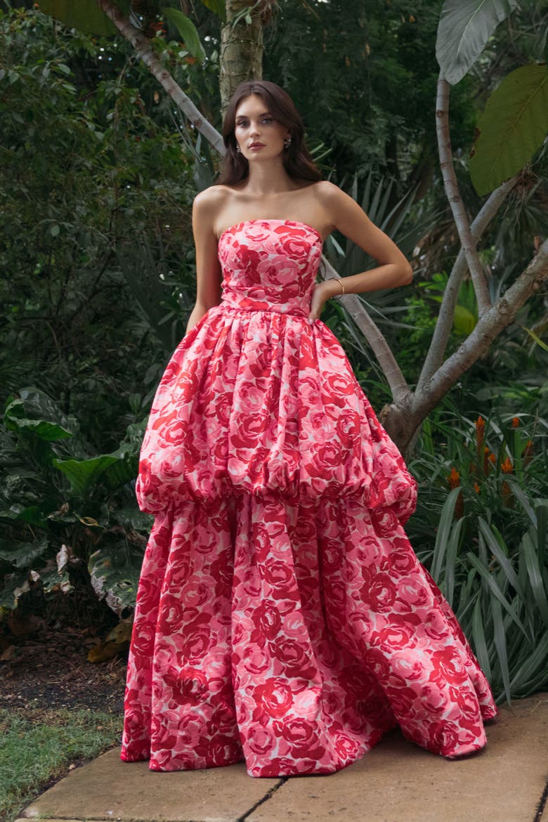 Strapless Floral Brocade Ballgown with Bubble Hem, Alternate, color, Pink Multi