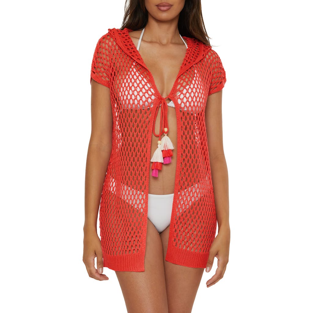 Lucky Brand Morro Hooded Fishnet Cover-up Tunic In Red