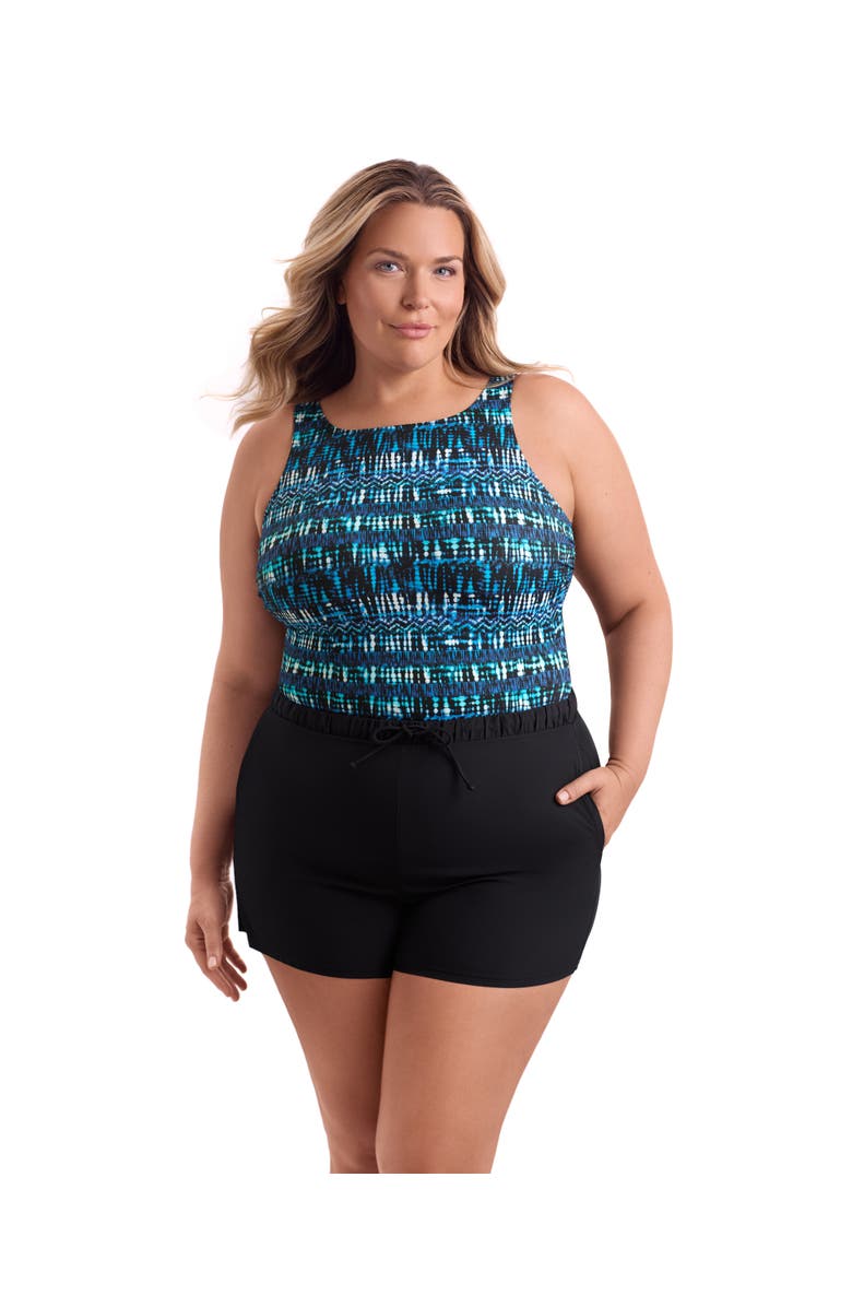 ShapeSolver Sport Highneck Runaround Chlorine Resistant One-Piece Swimsuit, Main, color, Blue Tribal Stripe