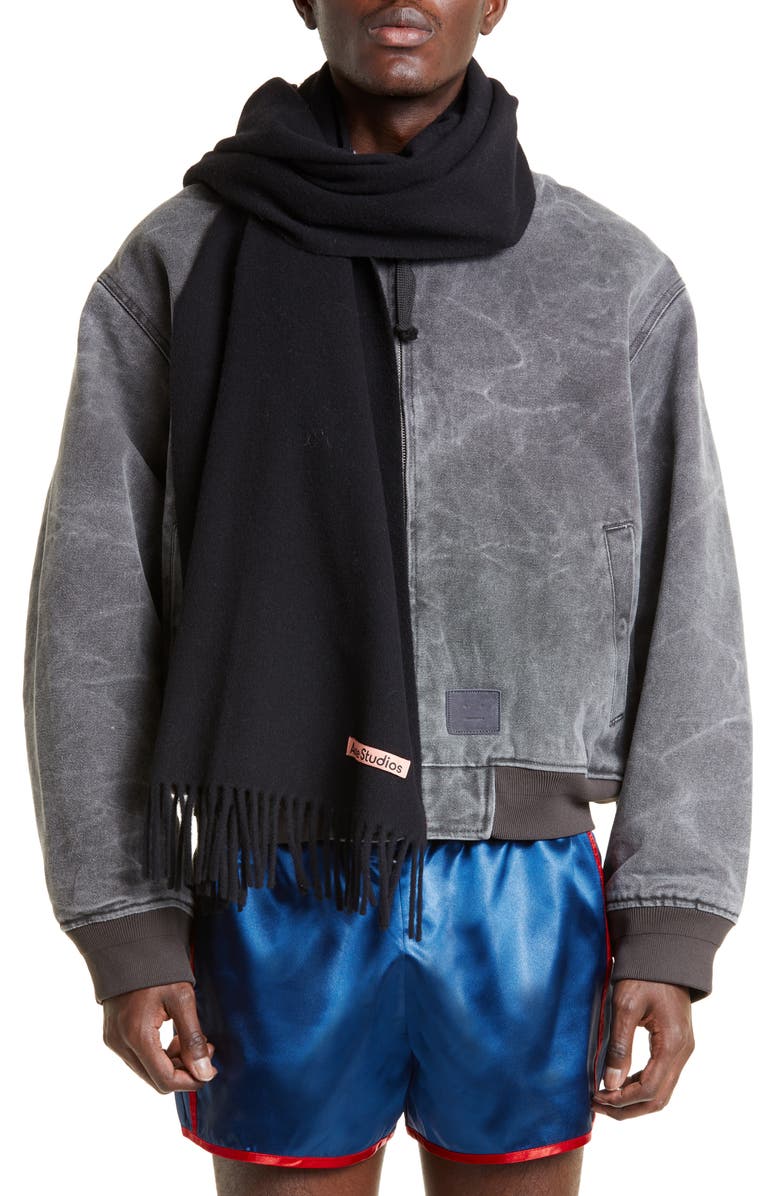 Acne Studios Fringe Wool Scarf, Alternate, color, Black