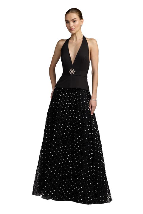 Pearl Embellished Halter Neck Ballgown