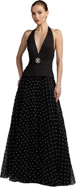 Mac Duggal Petite Pearl Embellished Halter Neck Ballgown