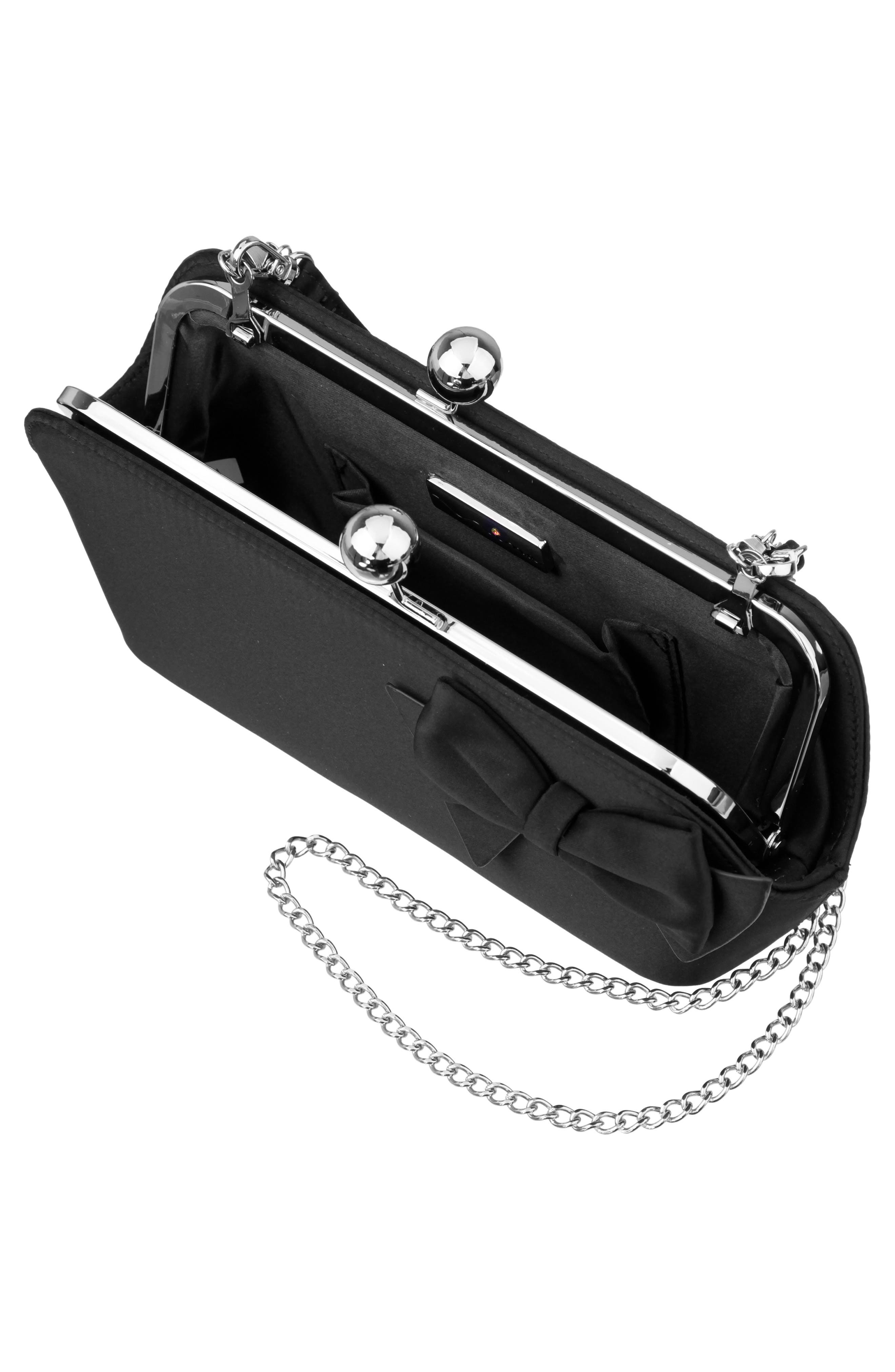 Kenji Bow Satin Clutch, Alternate, color, BLACK