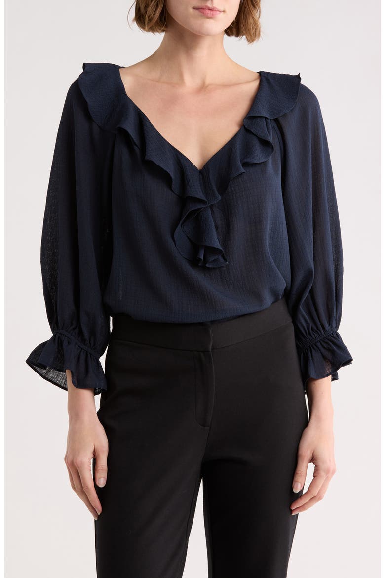 Ruffle V-Neck Top, Main, color, DARK NAVY