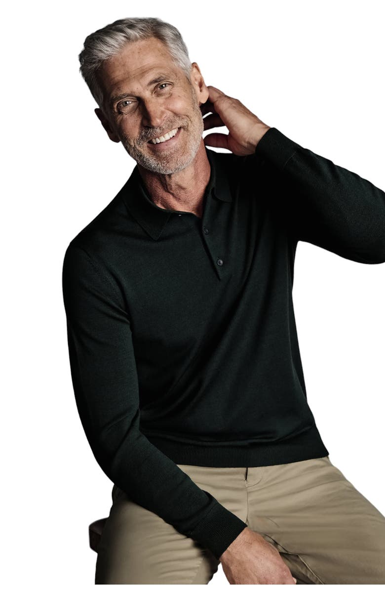 Charles Tyrwhitt Merino Polo Long Sleeve Sweater, Alternate, color, Forest Green