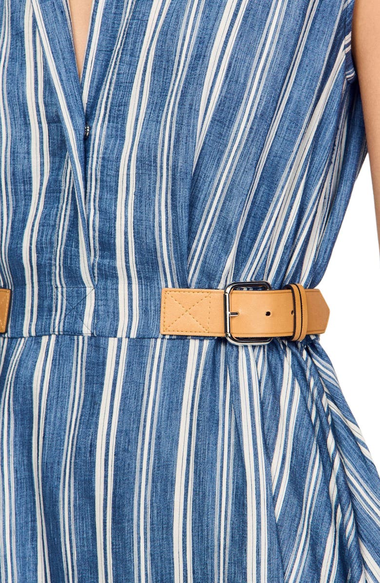 SANDRO Striped maxi dress with leather tab, Alternate, color, Blu / White