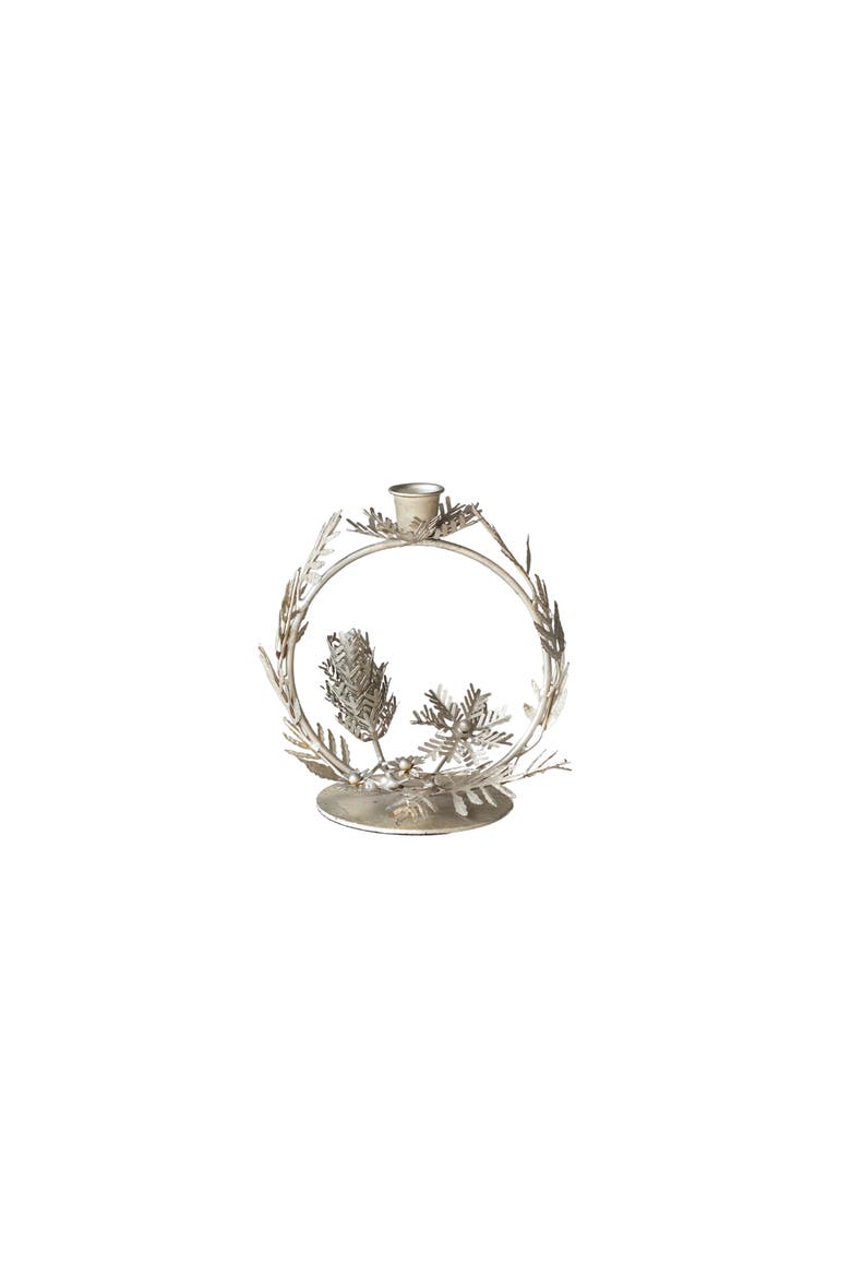 Metal Leaves & Pinecones Wreath Shaped Taper Holder, Silver Finish, Main, color, Silver