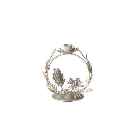 Metal Leaves & Pinecones Wreath Shaped Taper Holder, Silver Finish