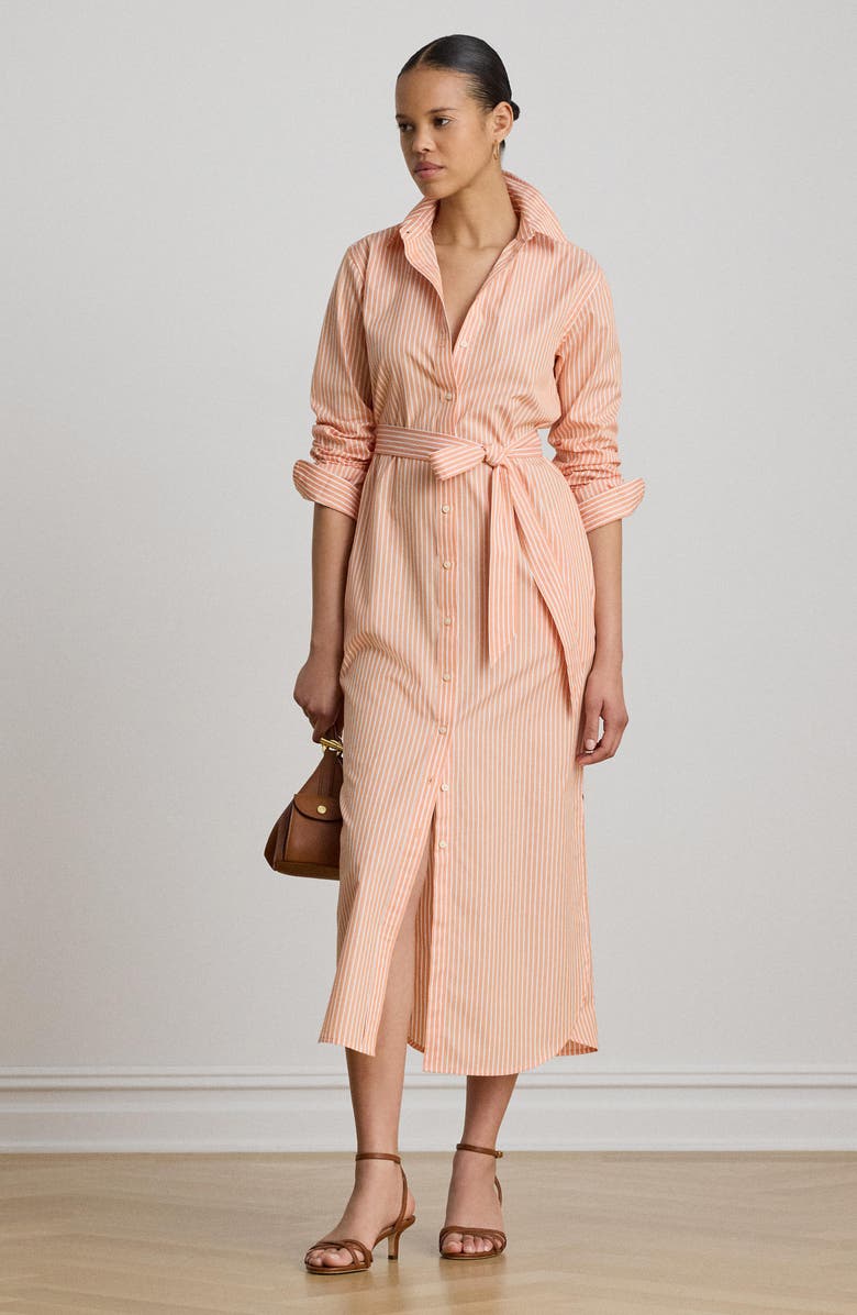 Lauren Ralph Lauren Stripe Long Sleeve Midi Shirtdress, Alternate, color, Orange/ White