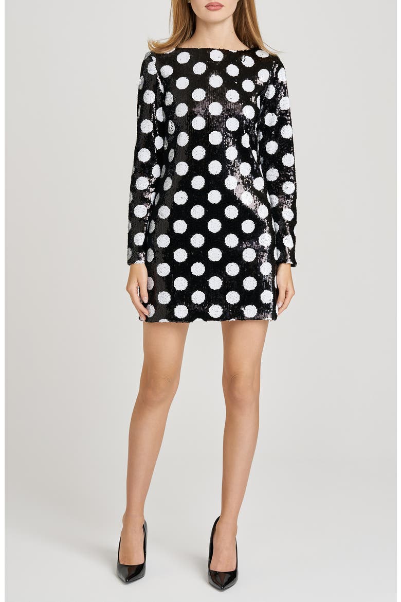 Betty Polka Dot Long Sleeve Sequin Minidress, Main, color, BLACK POLKA DOT
