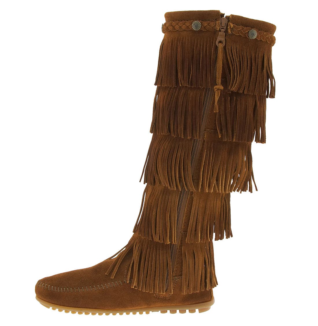Minnetonka Five Layer Fringe Boot, Alternate, color, Brown