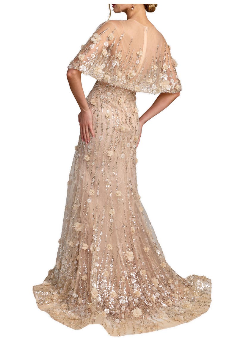 Mac Duggal Chiffon Lace Floral Caplet Sleeve Trumpet Gown, Alternate, color, Almond