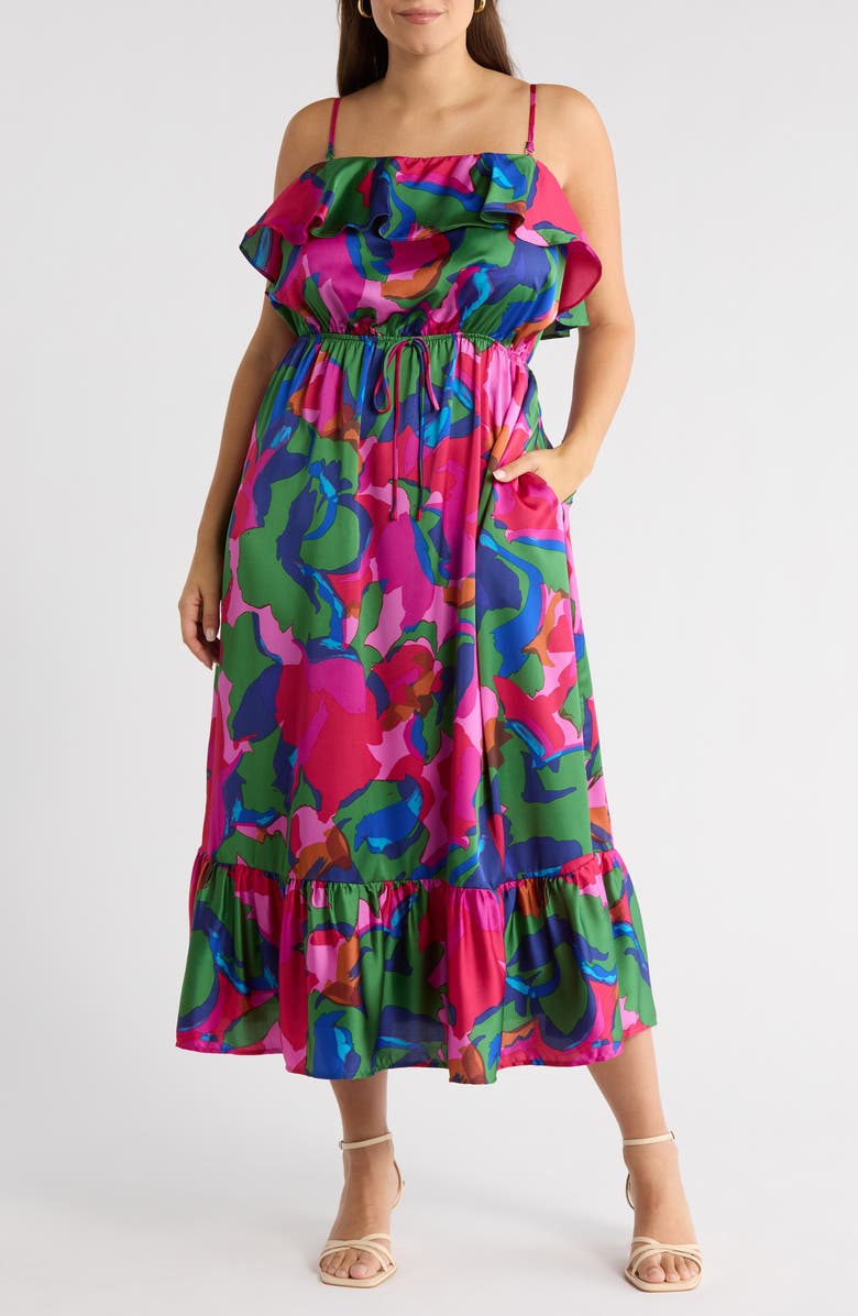 SUGARLIPS Paige Floral Print Ruffle Sleeveless Midi Dress, Alternate, color, Magenta-Multi