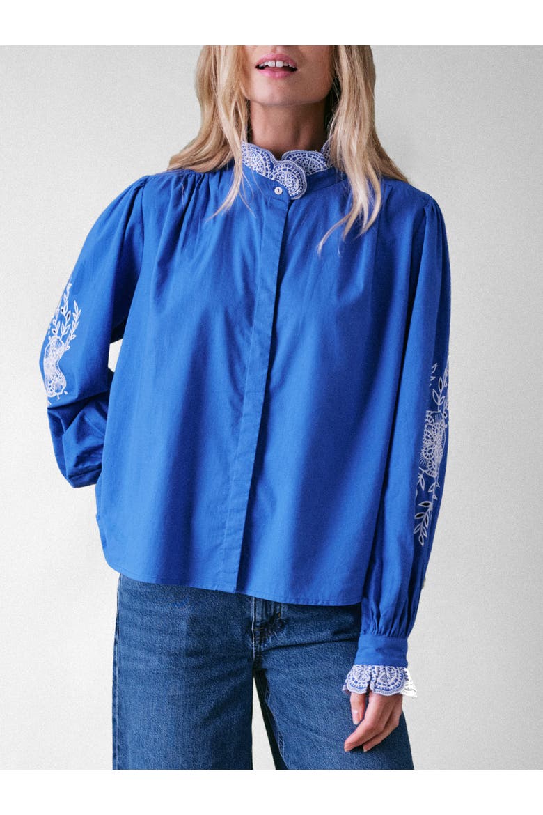 Jewel Trim Cotton Carla Blouse, Main, color, Cobalt Blue