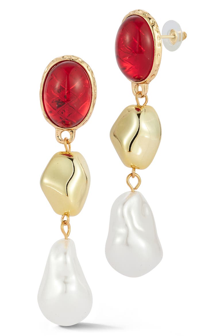 Pebble Faux Pearl Drop Earrings, Main, color, GOLD/RED