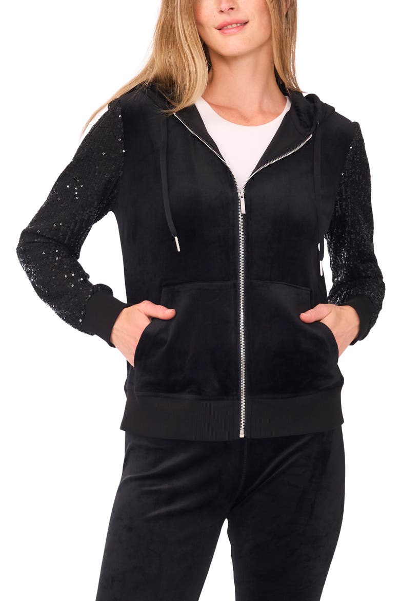 Sequin Sleeve Hoodie, Alternate, color, RICH BLACK