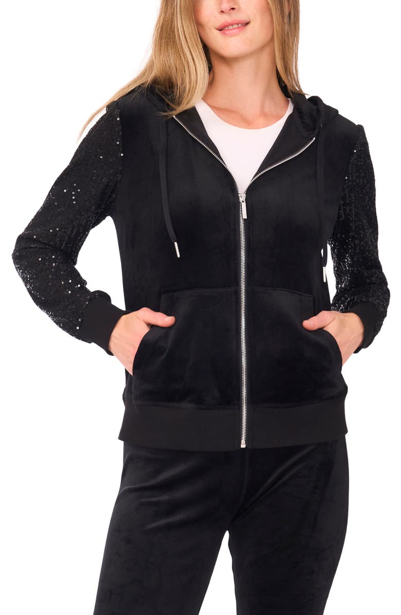 Vince Camuto Sequin Sleeve Hoodie, Alternate, color, Rich Black
