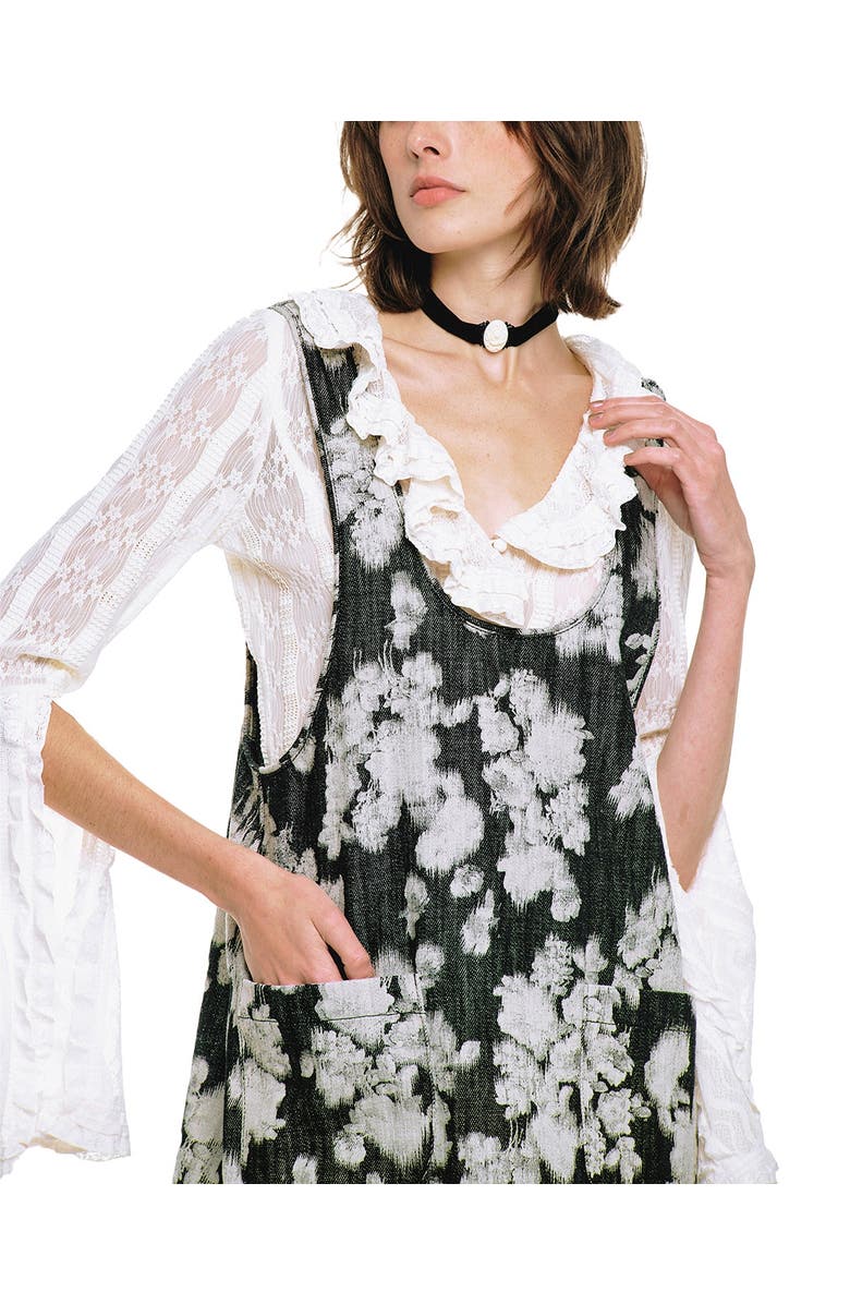 Anna Sui Rose Illusion Denim Ruffle Jumper, Alternate, color, Black