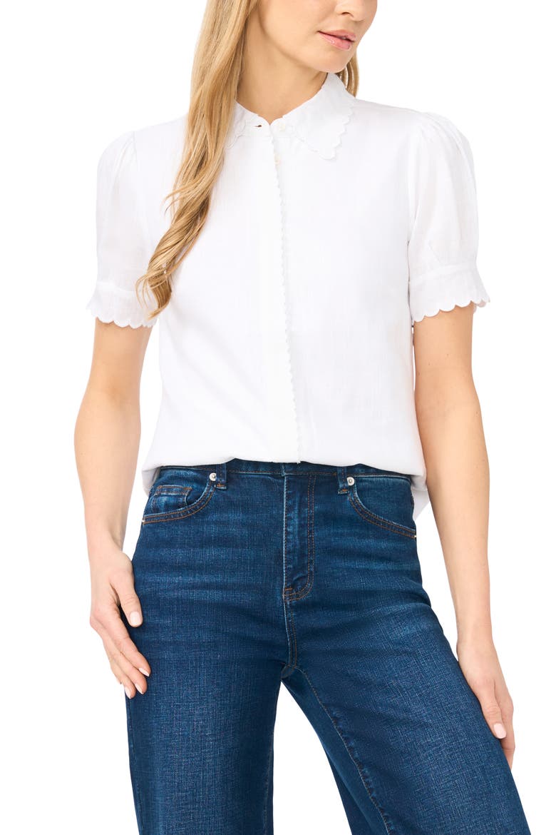 Scallop Detail Button-Up Shirt, Main, color, ULTRA WHITE