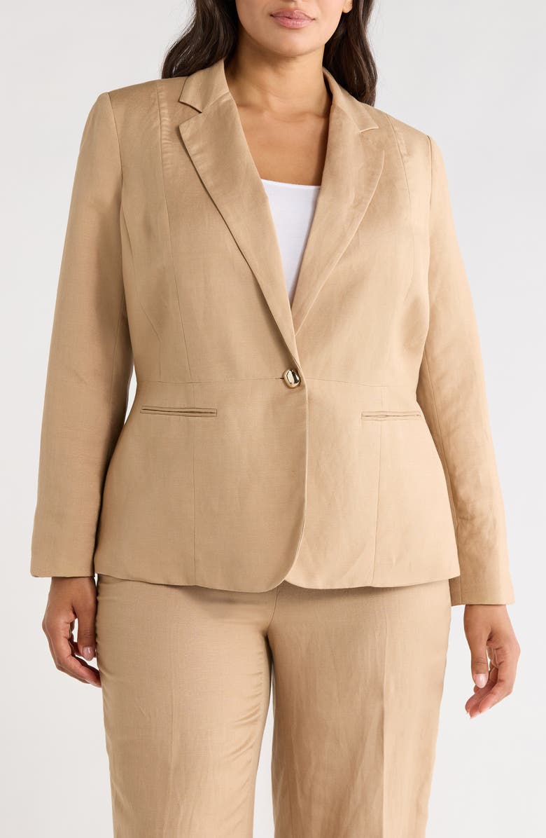 KASPER One-Button Linen Blend Peplum Blazer, Alternate, color, Toasted Wheat