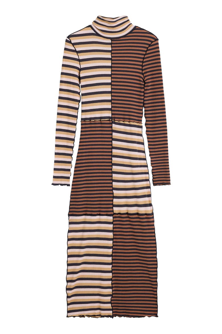 Colorblock Stripe Rib Turtleneck Long Sleeve Dress, Alternate, color, BROWN