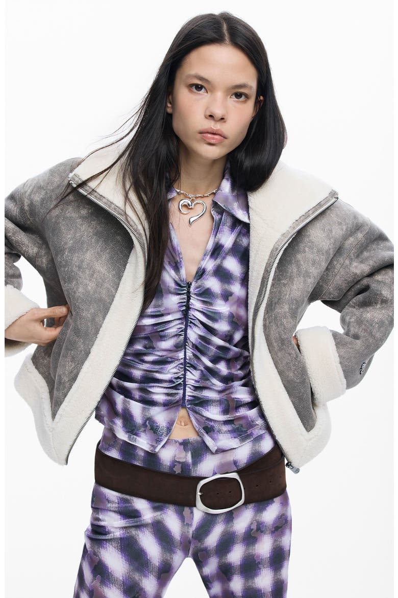 Mixed Media Faux Leather Jacket with Faux Shearling Trim, Alternate, color, BLACK