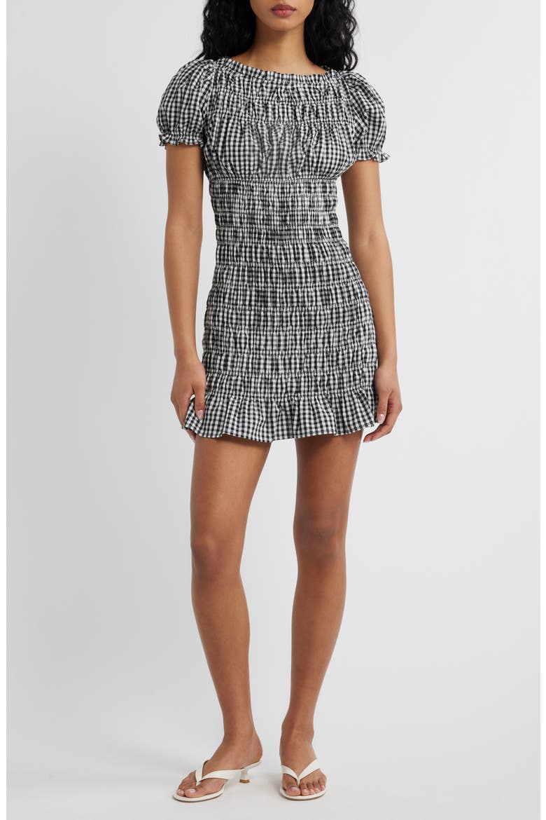 Darby Cap Sleeve Gingham Minidress, Main, color, BLACK/ WHITE