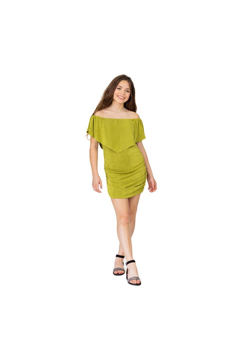Off The Shoulder Rouched Party Dress, Main, color, Avocado
