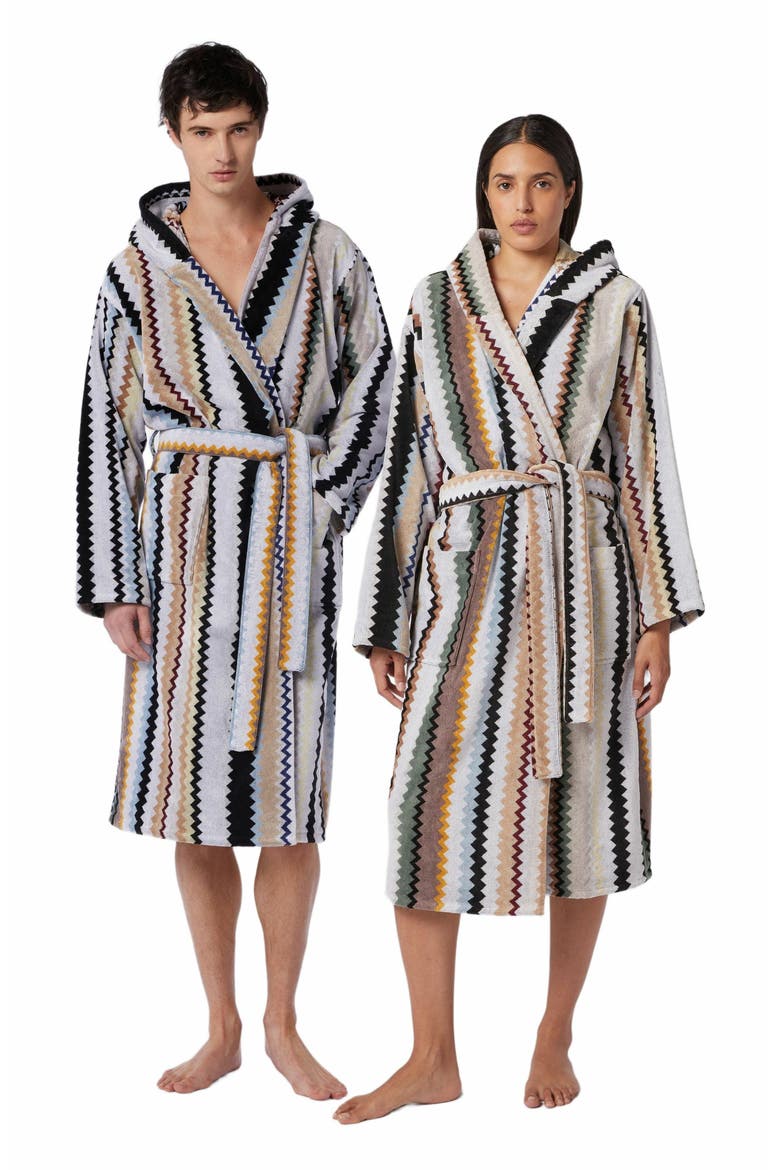 Long Curt Chevron Cotton Terry Hooded Bathrobe, Alternate, color, Black