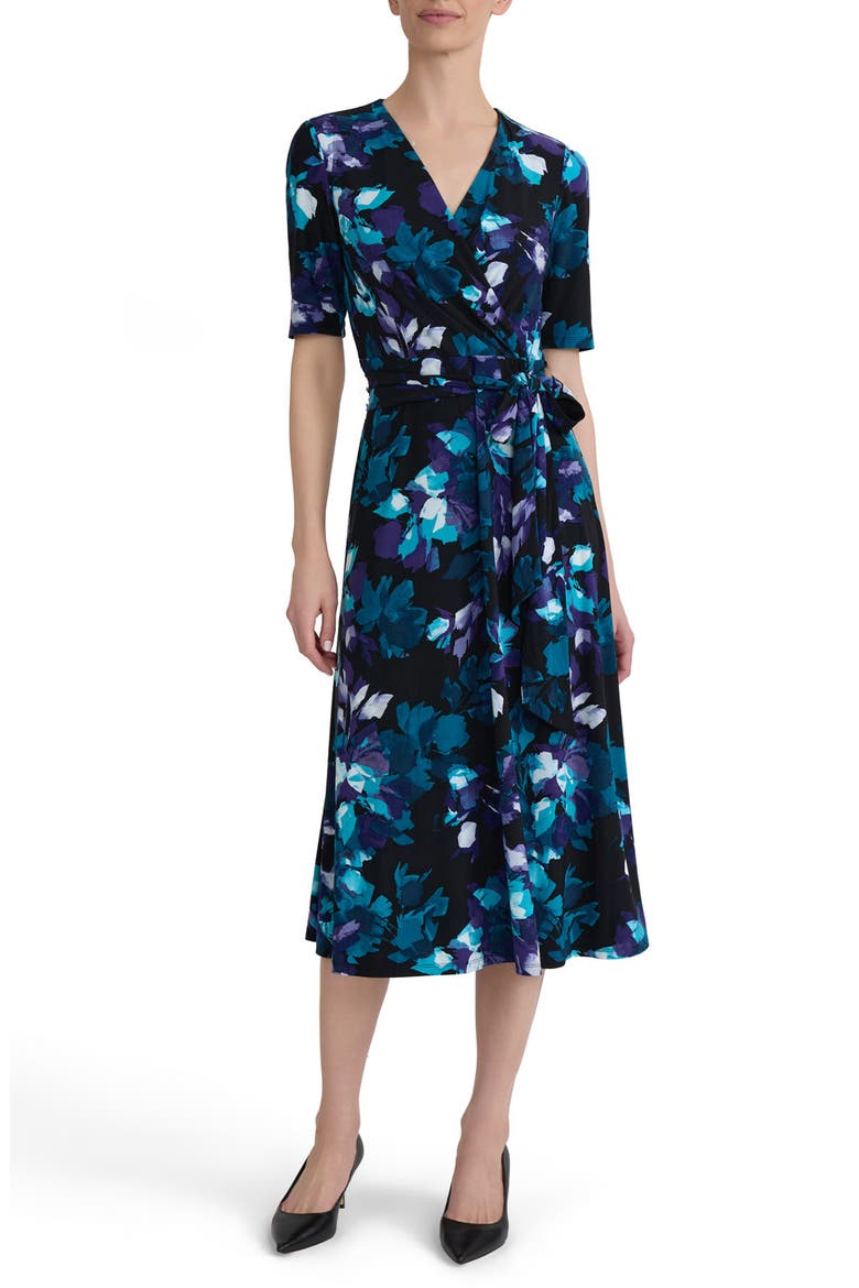 Pleated Fit and Flare Dress, Main, color, BLACK/BLUE MULTI