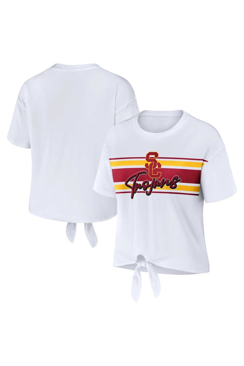 Women's WEAR by Erin Andrews White USC Trojans Striped Front Knot Cropped T-Shirt, Main, color, White