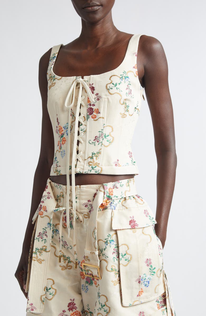 McQueen Distressed Floral Corset Top, Alternate, color, Ivory Multicolour