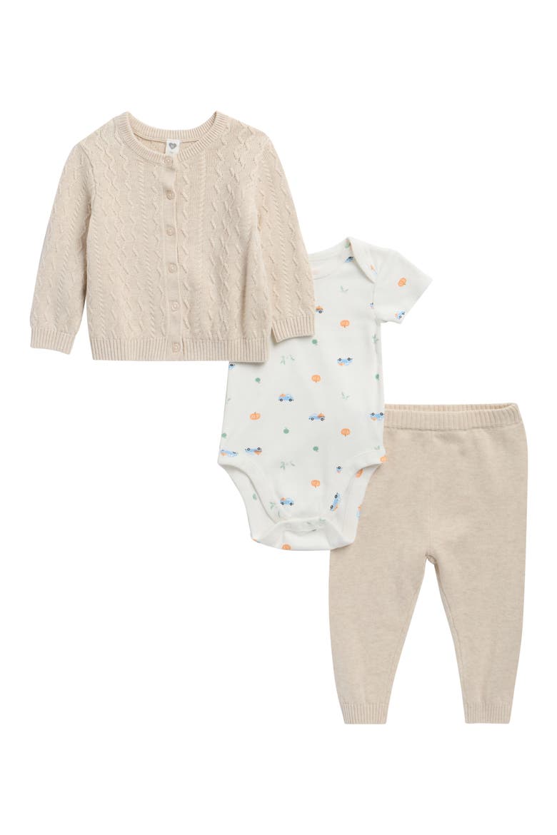 Cotton Cardigan, Bodysuit & Pants Set, Main, color, BEIGE OATMEAL HEATHER PATCH