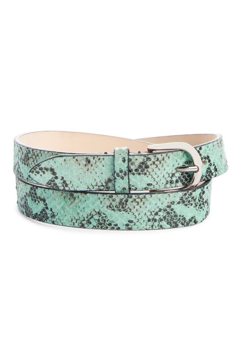 Zap Snake Embossed Leather Belt, Main, color, WATER GREEN