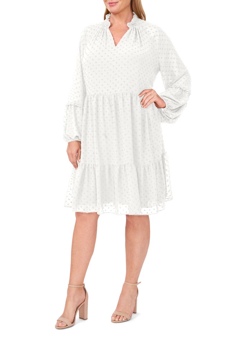 Long Sleeve Clip Dot Babydoll Dress, Main, color, NEW IVORY