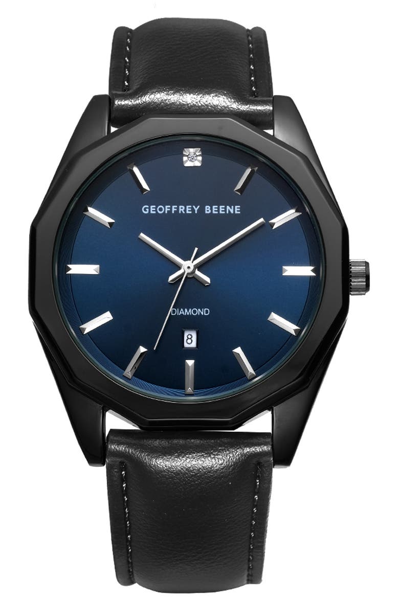 GEOFFREY BEENE Genuine Diamond Leather Strap Watch, 41mm - 0.001ct., Main, color, Gunmetal