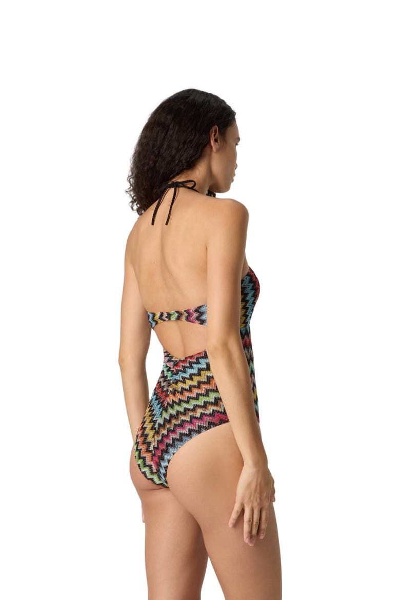 One-piece Swimsuit In Lamé Viscose With Micro Zigzag Pattern, Alternate, color, Black & Multicoloured