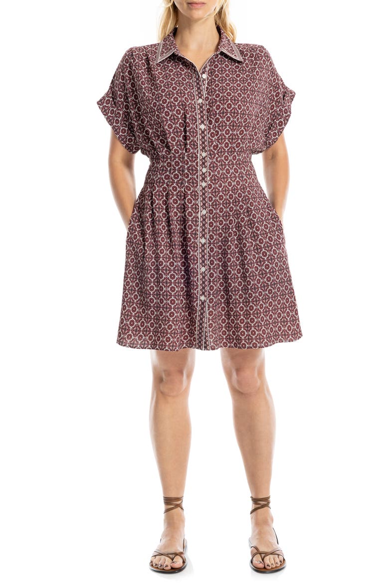Printed Short Sleeve Shirtdress, Main, color, BRICK SMALL CURVY CUBE