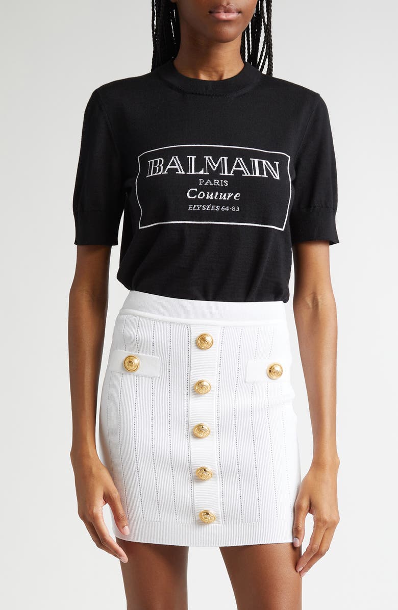 Balmain Logo Jacquard Short Sleeve Merino Wool Sweater, Main, color, 