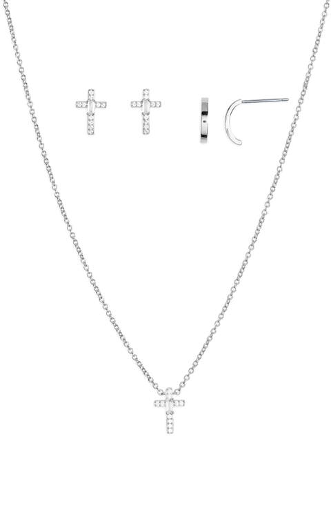 Cubic Zirconia Cross Stud Earrings, Necklace & Huggie Hoops Set