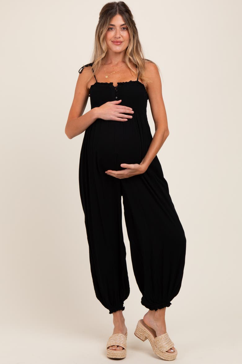 Smocked Button Front Shoulder Tie Jumpsuit, Alternate, color, Black