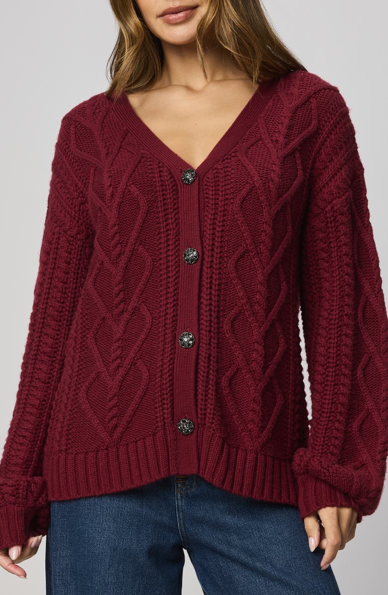 Splendid Harlow Hearts Rhinestone Cable Stitch Cardigan, Main, color, Cherry On Top Red