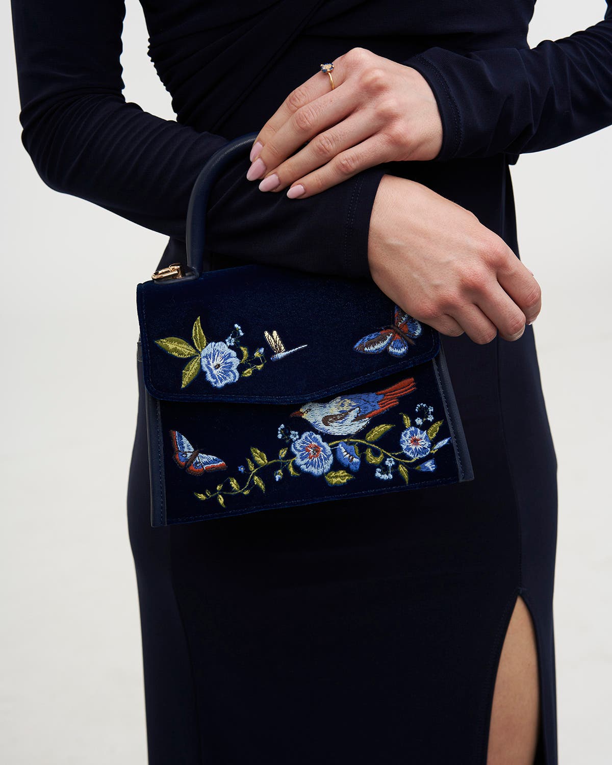 Eliza Nightingale Embroidered Velvet Top Handle Purse, Alternate, color, Navy