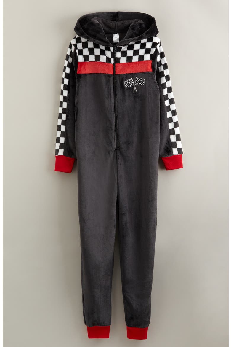 Kids' Hooded Fleece Sleeper Romper, Main, color, RED- BLACK RACER FLAG