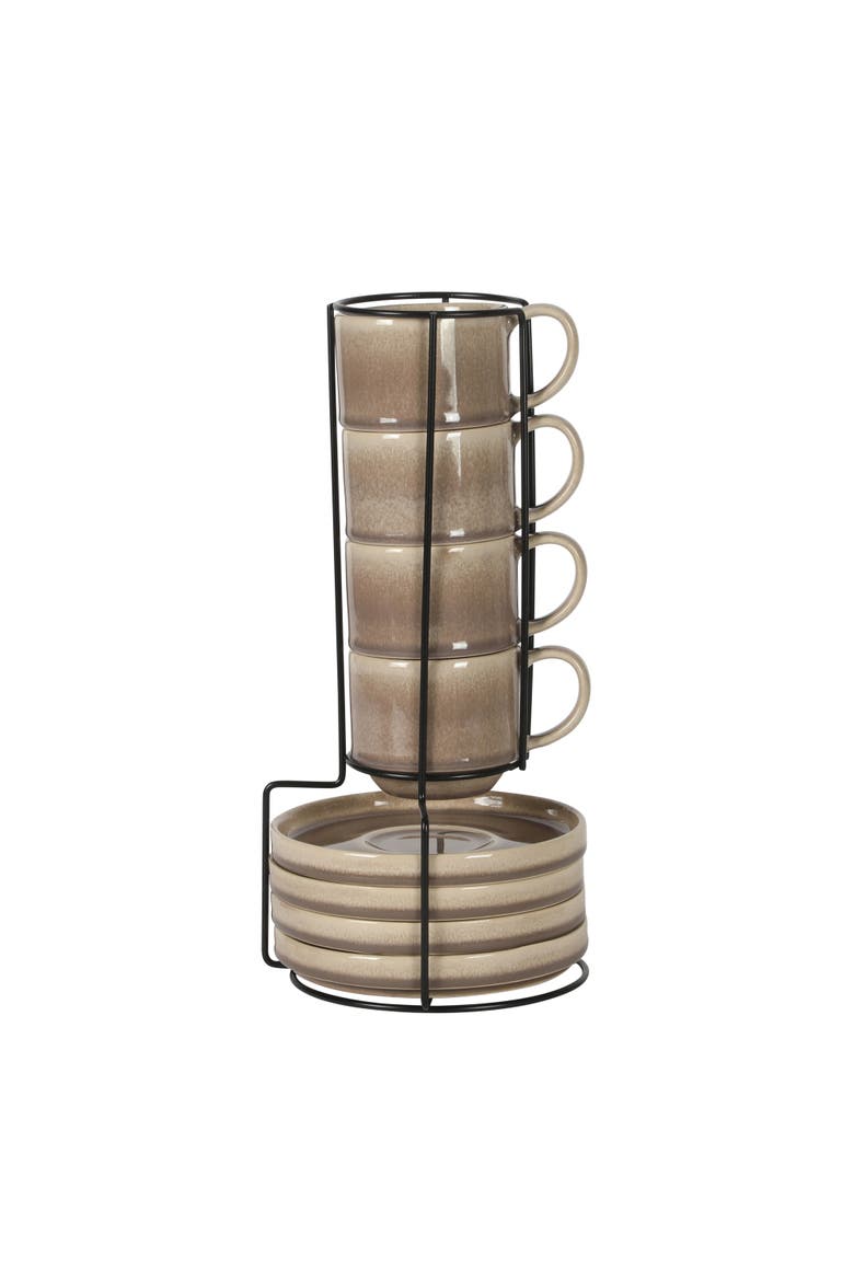 Sunrise Hills Stackable Stoneware Cup and Saucer Set with Metal Rack, Main, color, Taupe