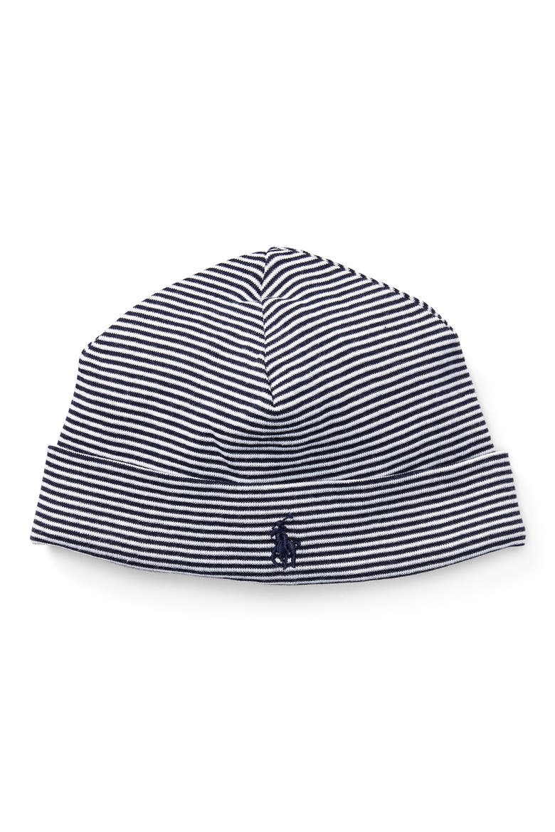 Embroidered Logo Beanie, Main, color, REFINED NAVY STRIPE