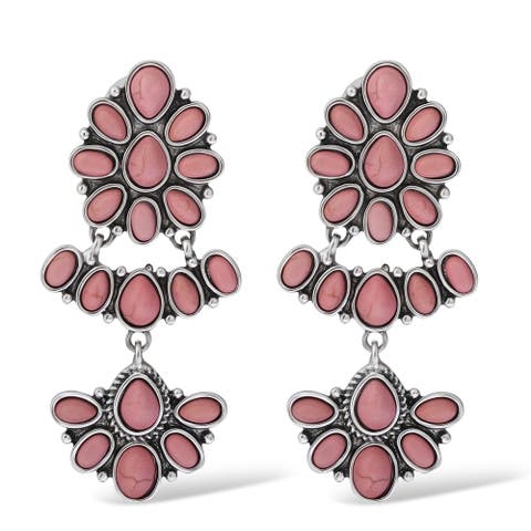 Pink Stone Statement Drop Earrings in Floral Shape