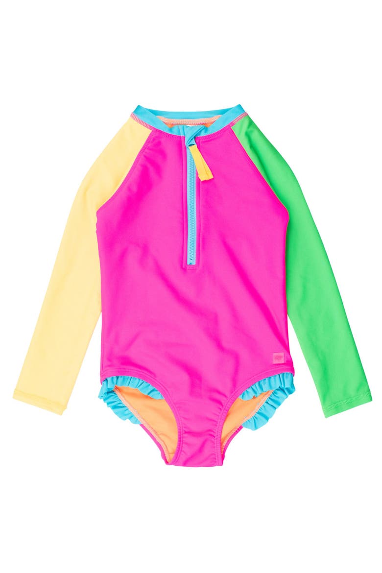 Girls UPF50+ Sun Protection Long Sleeve Rash Guard One Piece, Main, color, Neon Color Block